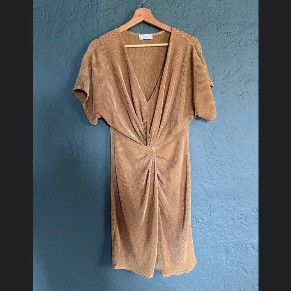 Sage the Label Gold Pleated Twist‑Front Midi Dress Small